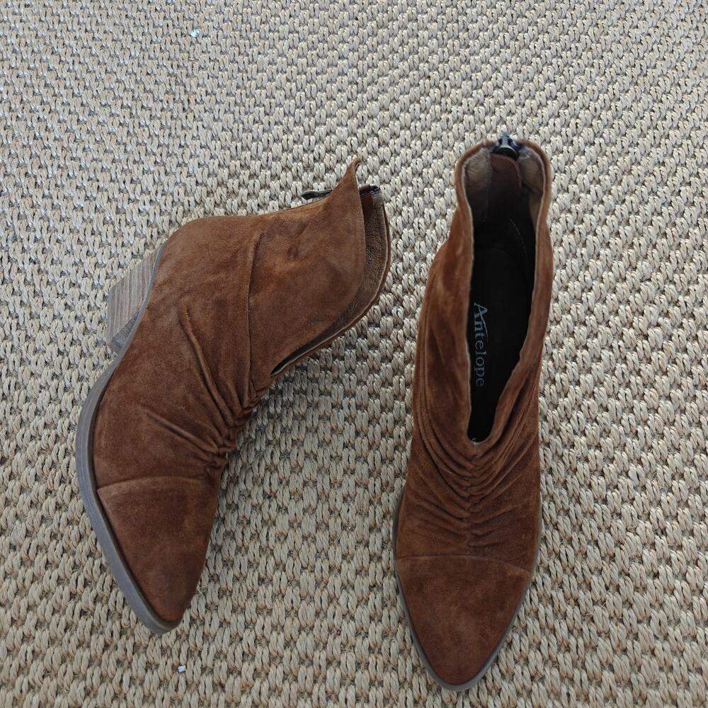 Antelope Sarapo Cognac Suede Ruched Pointed Toe Ankle Boots Booties 37 6.5 NWOT